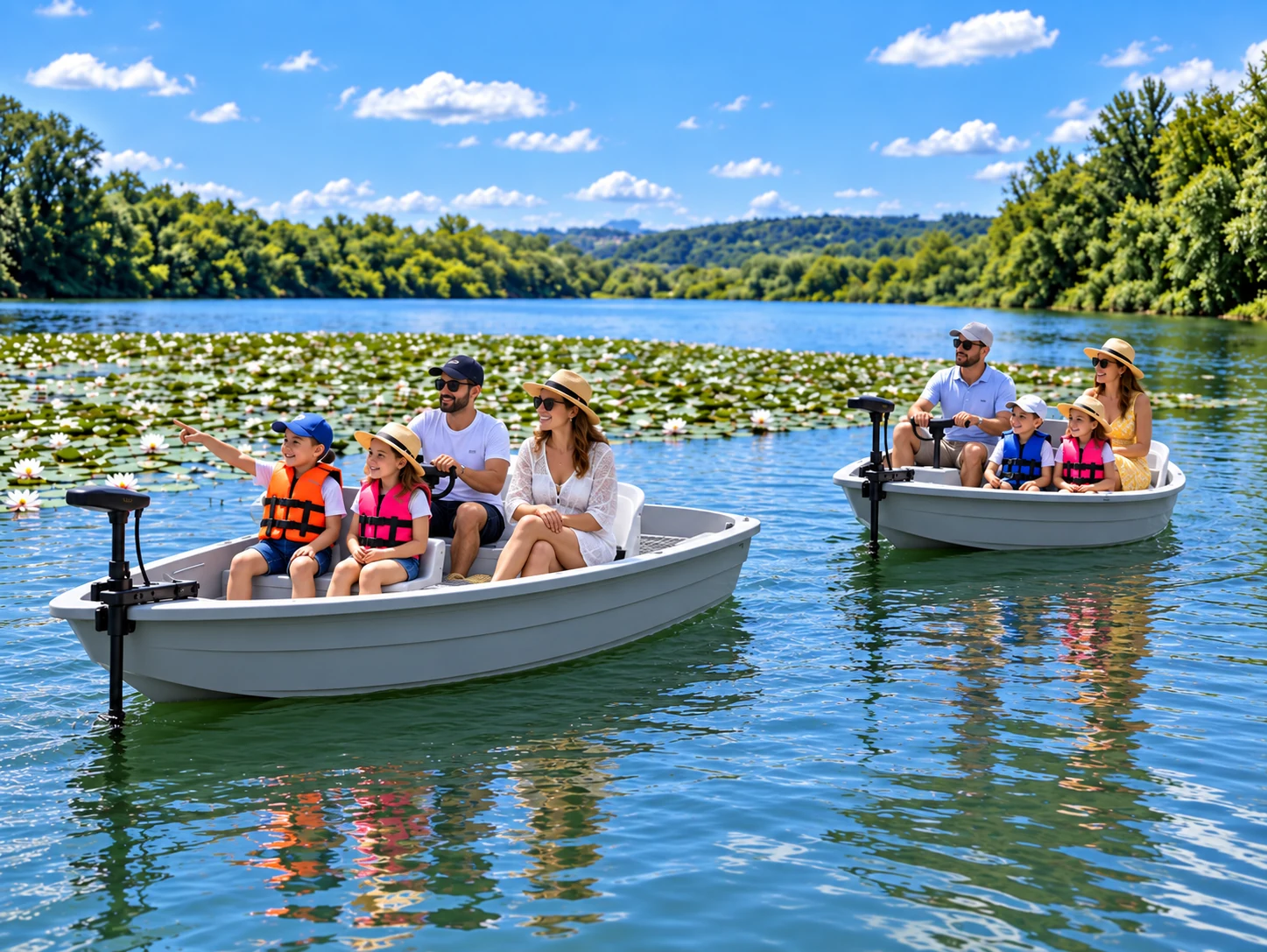 Deux familles en bateau électrique sans permis au Parc des Libertés à Avignon