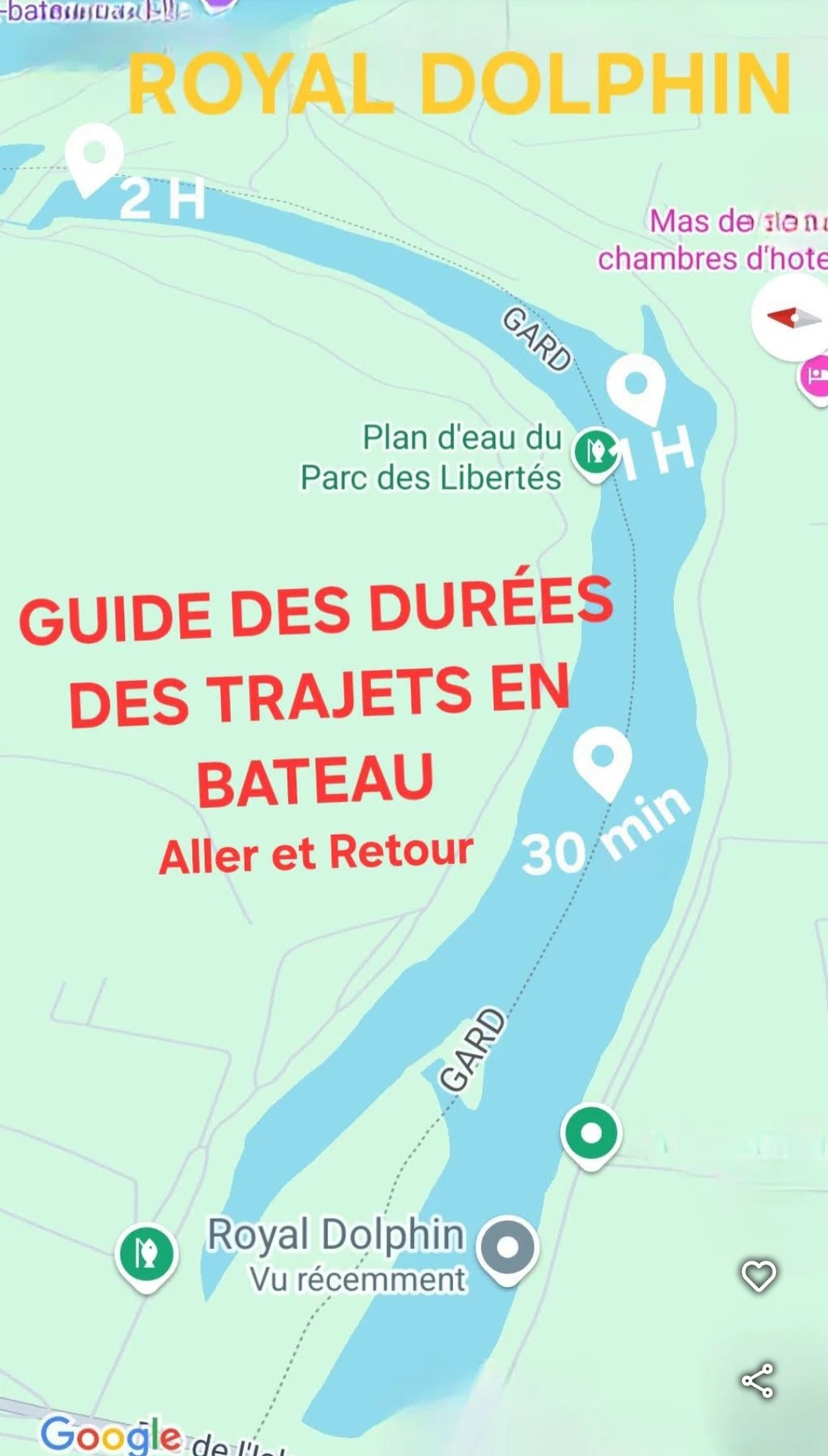 Guide des durées de trajet en bateau électrique depuis Royal Dolphin — 30 min, 1h et 2h aller-retour