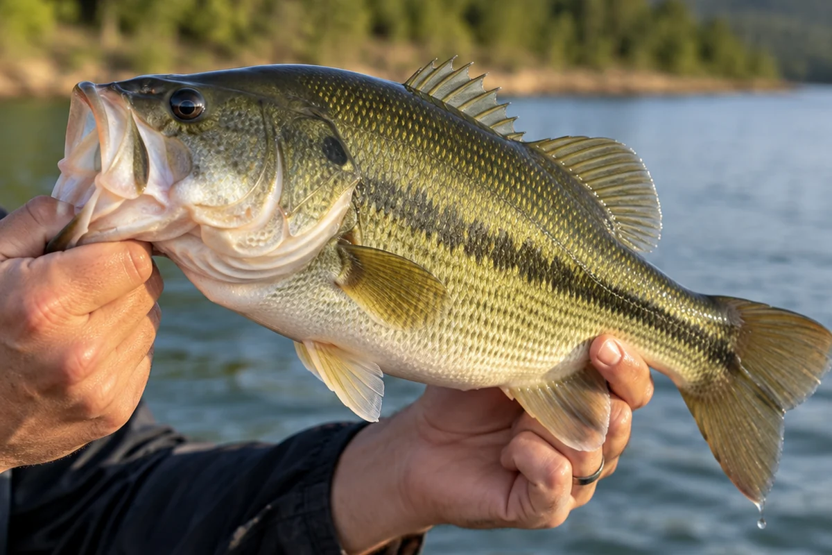 Black-bass tenu par un pêcheur, illustration de l’espèce présente au Parc des Libertés