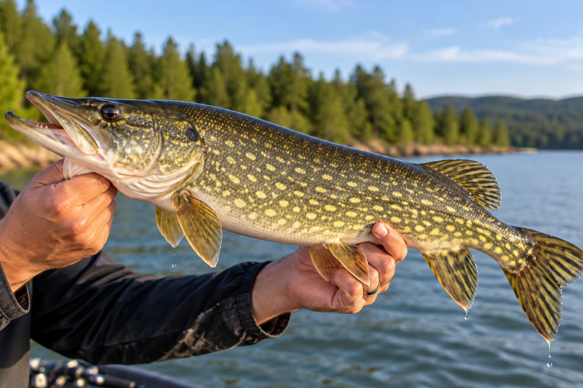 Brochet tenu par un pêcheur, illustration de l’espèce présente au Parc des Libertés