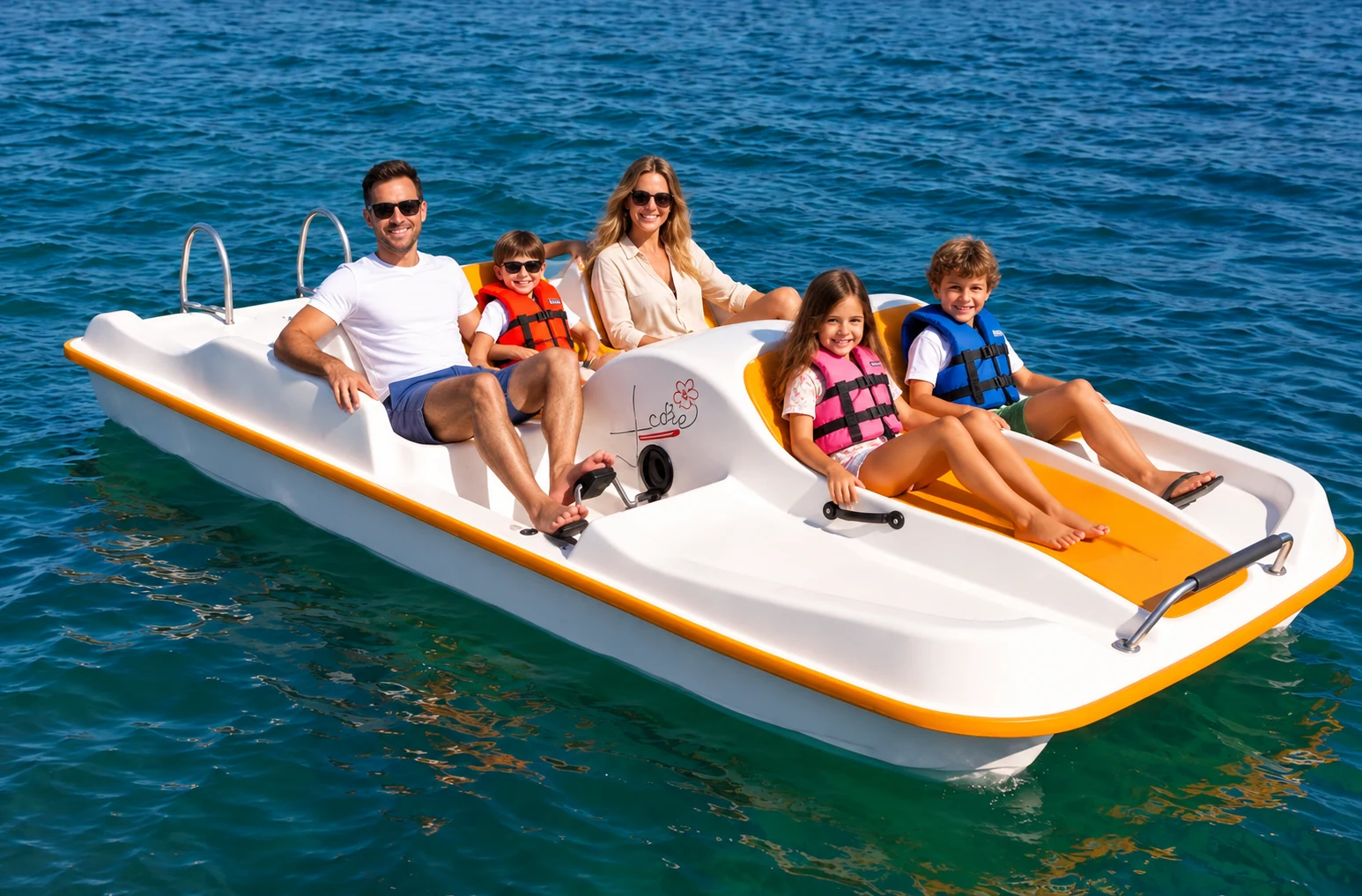 Famille sur le pédalo Royal Dolphin à Avignon, enfants avec gilets de sauvetage